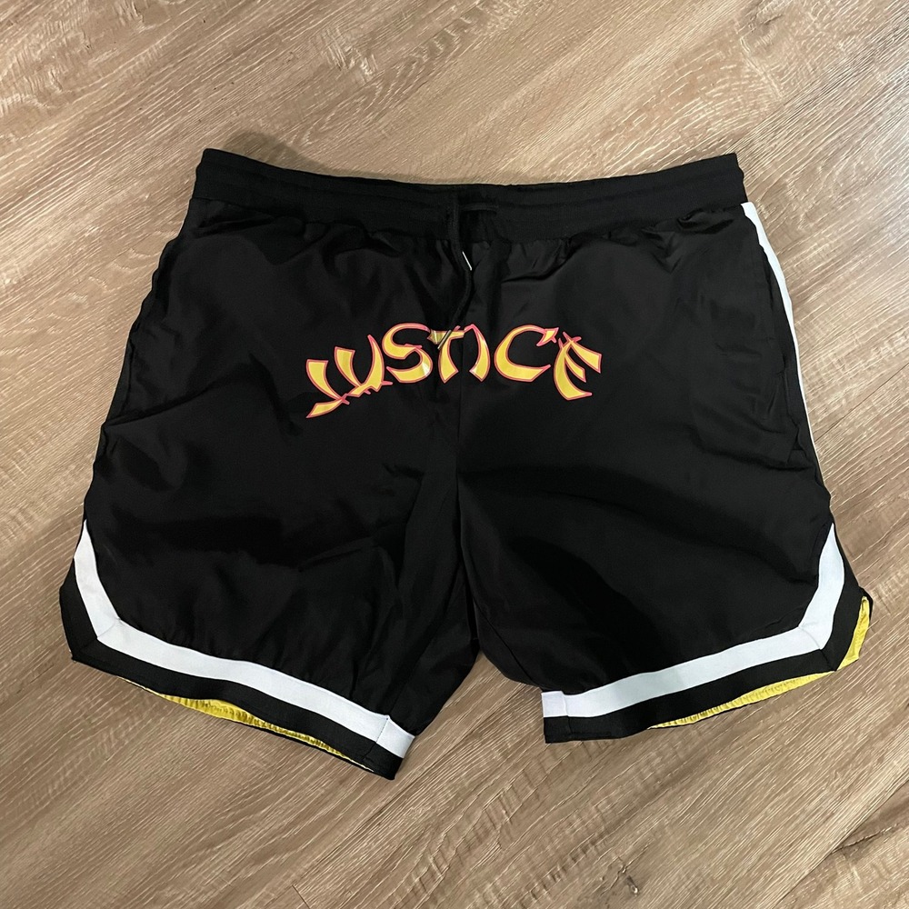 SHEIN Mens Shorts XXL Black Polyester Graphic Justice Athletic Summer Streetwear